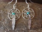 Navajo Sterling Silver Turquoise Dreamcatcher Dangle Feather Earrings By Yazzie