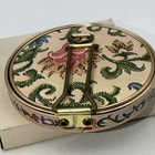 Vtg 60s Japan Round Folding Double-mirror Compact W stand Crossstitch Floral Box