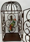 Metal Decorative Bird Cage With Hand Painted Ceramic Parrot On Swing Vtg 8x8x18   