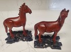 Vtg Pair Chinese Horse Figurines Hand Carved Horse Red Box Wood Glass Eyes