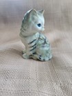 Vintage Ceramic Porcelain Gray Striped Kitty Cat Figurine Blue Eyes  