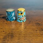 Pair Of Blue Mixed Material Sewing Thimbles With Floral Design
