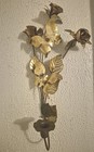 Two Vintage Brass Wall Decor Butterflies Red Rose Branches W Candle Sconce 16 In