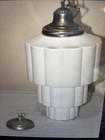 Vintage Art Deco Skyscraper Milk Glass Pendant Light Chrome Canopy With Chain