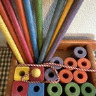 Vtg Playskool Colorol Wooden Pull Wagon Toy With Blocks   Colorful Pegs 24 Piece