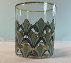 Vintage Art Deco Style Lowball Rocks Glass Gold Rim Green Aqua Geometric Barware