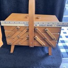 Vintage Wood Sewing Box Accordion 3 Tier Fold Out Chest Mcm Honey Stain Handmade