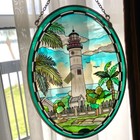 Vintage 9  Tall Amia Stained Glass Mosaic Oval Metal Rim Lighthouse Hanging Art
