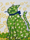 Vintage Marushka 1970s Cat Screen Print Art Mcm Wall Hanging Fabric Green Yellow