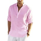 Mens Cotton Linen Henley Shirt Hawaiian Beach Summer Casual Short Sleeve