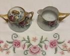 Victorian Hand Painted Porcelain Cream   Sugar Pink yellow Roses W gold Trim
