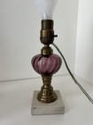 Antique Brass Glass   Marble Base Table Lamp With Hand Cut   Painted Shade