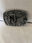 Cowboy Western Belt Buckle Silver Tone Longhorn Bull With Us Flag Nice Detail