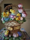 Porcelain Keepsake Trinket Hinged Box 6  Easter Egg Basket Chics Tulips In Box