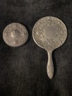 Vintage Silver Plated Handheld   Compact Mirror With Floral Design Heavy