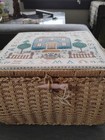 Vtg Weaved Sewing Basket W  Country Fabric Theme Taiwan