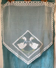White Vintage Filet Crochet Look Valance Or Cafe Curtain  Two Geese W  Blue Bows