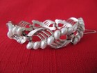 Vintage Signed Crown Trifari Faux Pearl Brushed Silver Bracelet