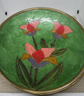 Vintage Enamel Floral Design On Copper Bowl W  Handle Euc