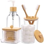 Bamboo Bathroom Accessories Set - 4 Pcs Clear Toothbrush Holder  Soap Dispenser