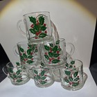Vintage Holly Berry Indiana Glass Christmas Mugs Cups Set  6 