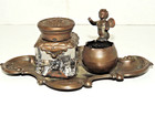 Vintage Brass Ink Well Crystal Lidded W  Cherub Angel  Desk Victorian Pat  1897