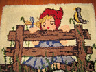 1970s Latch   Hook Rug Wall Art Hanging Child Red Cap Swans Finished 26x29 Boho