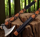 Custom Forged Viking  Axe  Damascus Steel Blade  Rose Wood Leather Wrap Handle 