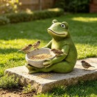 15  Moss Green Frog Statue Holding Bowl  Garden Bird Feeder Figurine Sculpture