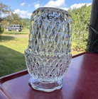 Vintage Indiana Glass Diamond Point Clear Crystal Fairy Lamp W scalloped Base