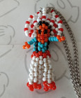 Chief Doll Native American Seed Bead Necklace Vintage 18  Silver Tone Chain