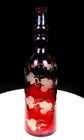 Bohemian Czech Ruby Stained Glass Etched Grape Leaves 11  Wine Bottle 1950s