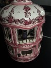 Antique French Faience Ceramic Bird Cage Pink   White With Yellow   Green Bird