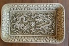 Vintage Oriental Asian Carved Resin Dragons With Flaming Pearl And Floral Tray