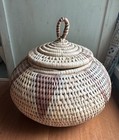 Vtg African Hand Woven Basket W Lid Tribal Storage Boho Decor Coiled 9x11   