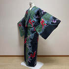 Used Japanese Yukata Kimono 156cm     Black Cotton W  Peony Pattern     Summer Festi