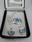 Blue Glass Pierced Stud Earring And Necklace Pendant Set
