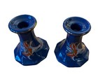 Vintage Toyo Japan Magie Peruvian Lily Candlestick Holders Pair Cobalt Blue Gold