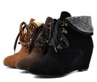 Winter Women Pointy Toe Suede Ankle Boots Wedge Heel Casual Lace Up Retro Shoes 