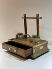 Antique Wooden Double Glass Ink Well Holder Desk Set W  Drawer Brass Footed