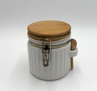 French Farmhouse White Ceramic Canister W  Wood Lid   Spoon     Decor Only Jar