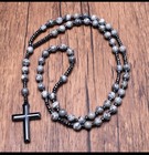 Rare Gray Jade Beaded Rosary Stone Beads Necklace Hematite Cross