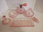 Vtg 4 Pc   3 Tops  Vanity Dresser Set Art Deco   depression Glass  Pink  Rose