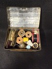 Vintage Tin Sewing Box With Wooden Spools  Thimbles   More London
