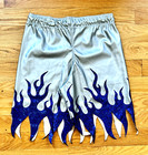 Men s Pro Wrestling Baggy Shorts Silver W  Blue Hologram Flames Sz L 38-40