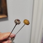 Two Antique Glass Hat Pins Victorian Pair Gold Tone Rhinestones Romantic