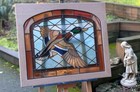 Vtg Stained Glass Art Mallard Duck Window Panel 25 x29  Frame Mounted  read 