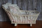Vtg White Wicker   Wood Mini Cradle Rocker W  Pink   Lace Blanket Mattress