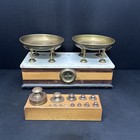 Antique Marble Top Balance Scale Brass Pans W  Metric Gram Weights Wood Case