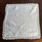 Vtg Wedding Hankie Linen Scalloped Crochet Lace Edge Flower Embroidery  14x14 